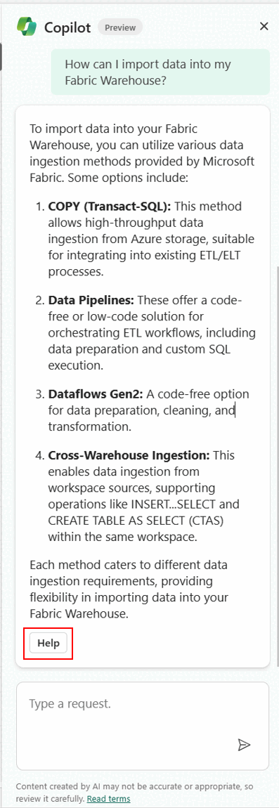 Skärmbild från Fabric-portalen som visar Copilot-chatten.