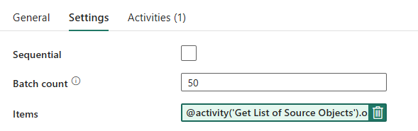 Skärmbild som visar fliken Inställningar för ForEach-loopaktivitet.