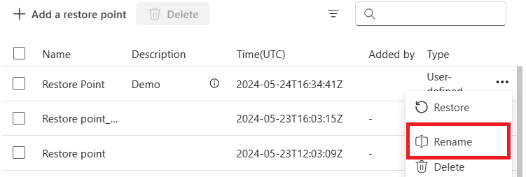 Skärmbild från fabric-portalen för inställningen för att byta namn på en återställningspunkt.