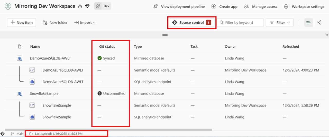 Screenshot showing the Fabric workspace with Git status and other details reported for mirrored database.