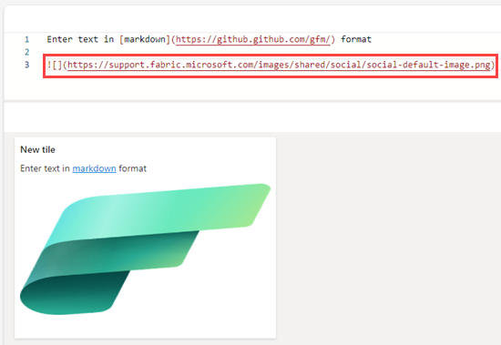 Skärmbild av frågefönstret på instrumentpanelen som visar bildsyntax i markdown-text.