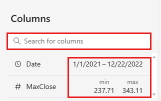 Skärmbild av fönstret Kolumner som visar kolumnerna med deras metadata.