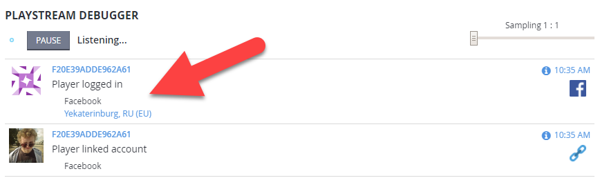 PlayStream Debugger Facebook authentication event