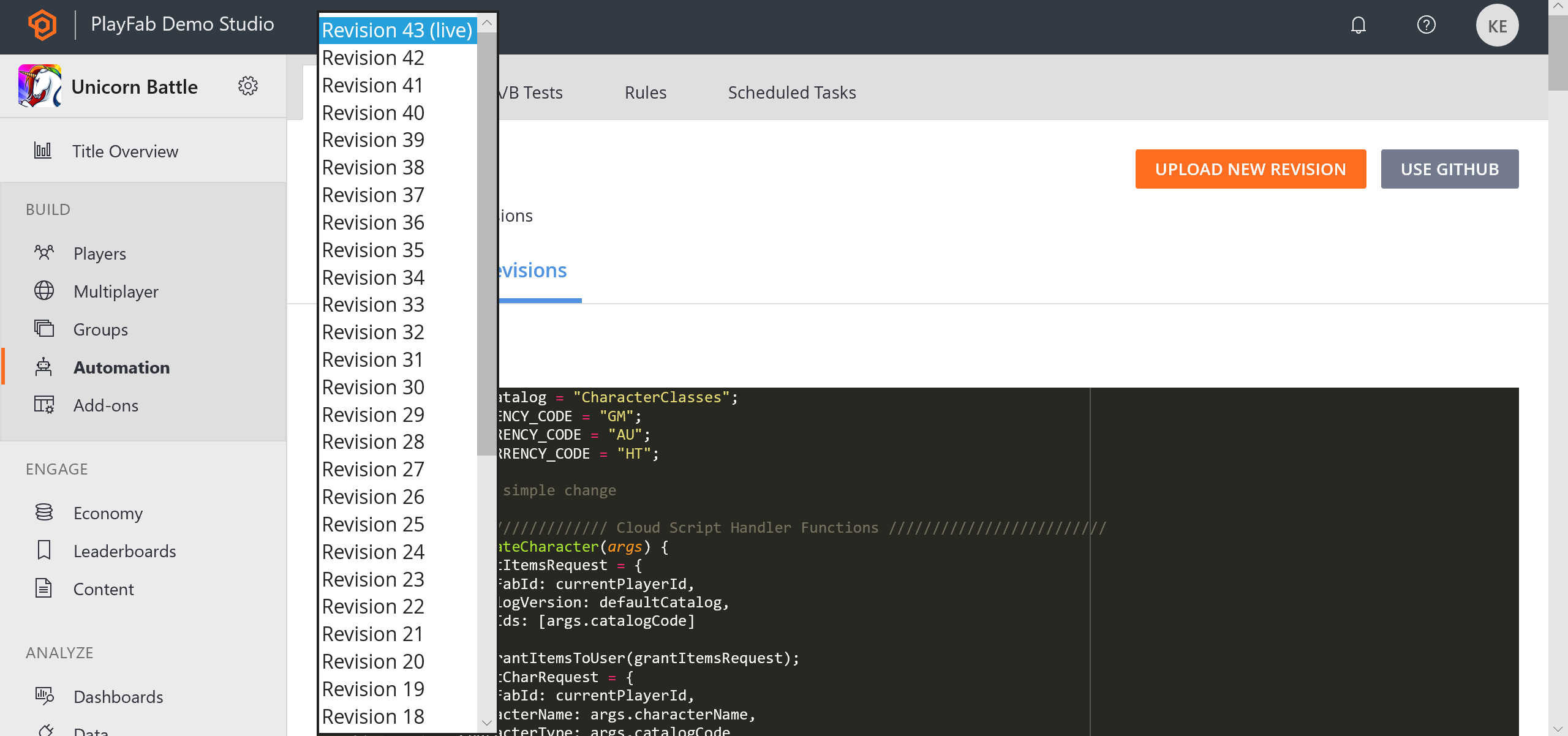 Game Manager - Upload CloudScript - select revision