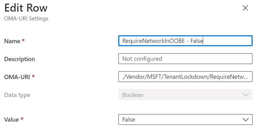 Skärmbild av inställningen RequireNetworkInOOBE till false via OMA URI i Intune.