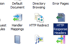 Screenshot that shows the Default Web Site Home pane. H T T P Response Headers is selected.
