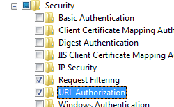 Image of Internet Information Services pane expanded and U R L Authorization selected.