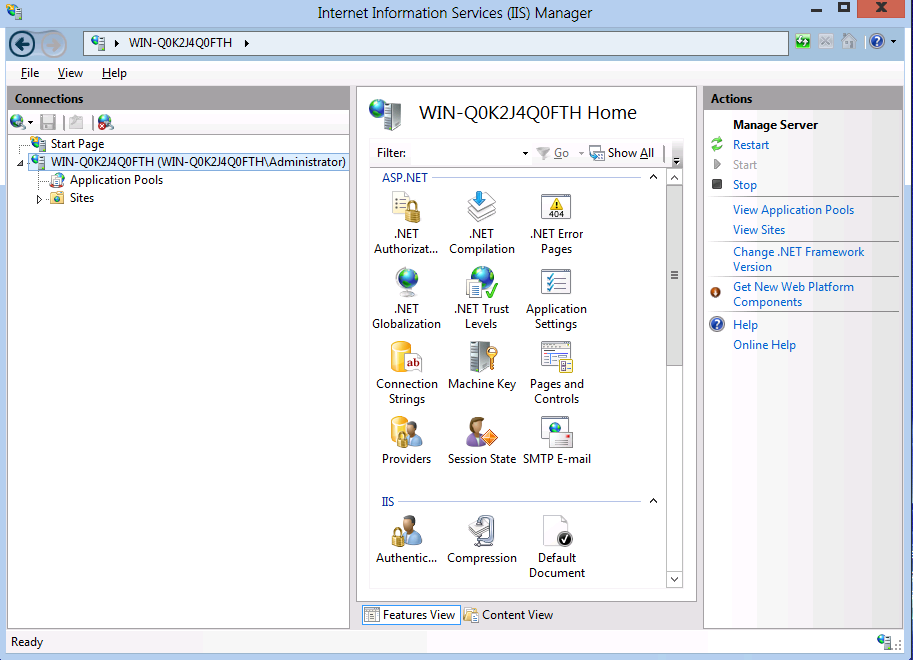 Screenshot of I I S Manager showing Application Pools node and Sites node expanded with Web Platform Installer highlighted.