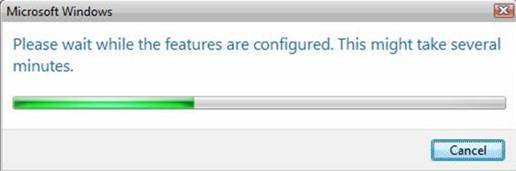 Screenshot of the Microsoft Windows progress indicator. The text says Please wait while the features are configured. This might take several minutes.
