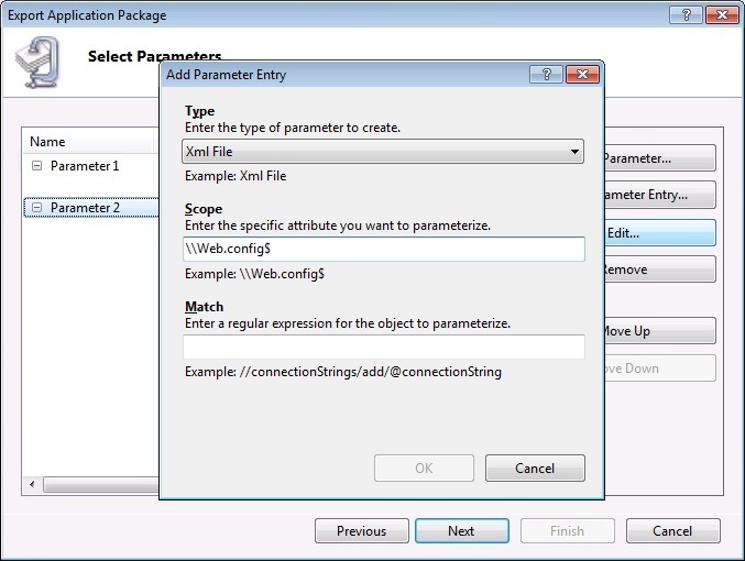 Screenshot of the Add Parameter Entry dialog box with the web dot config dollar sign entry in the Scope field.