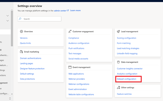 Dataset configuration command on the Settings page.