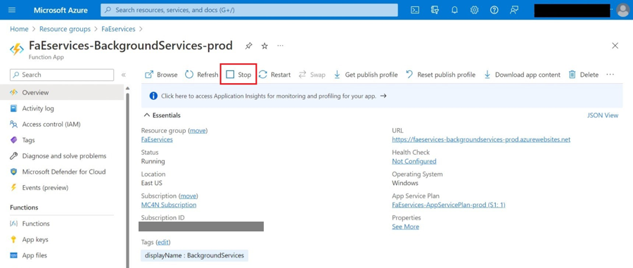 Screenshot showing the background services resource group and the stop button.