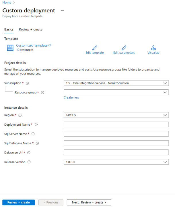 Screenshot the fields to complete for the custom deployment of the data sync accelerator.