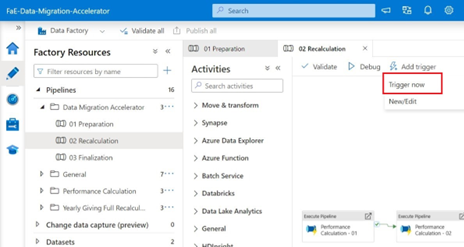 Screenshot showing the second pipeline highlighted and the trigger now option.