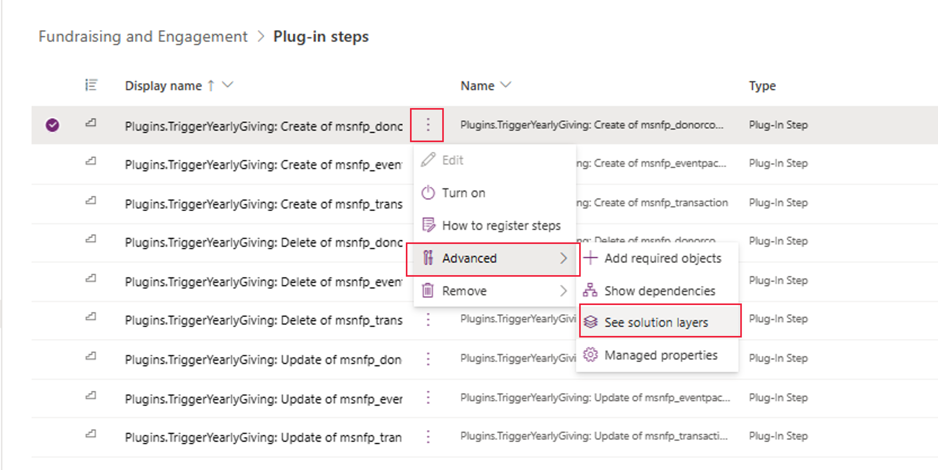 Screenshot showing the ellipsis and the menu options of Advanced and solution layers.