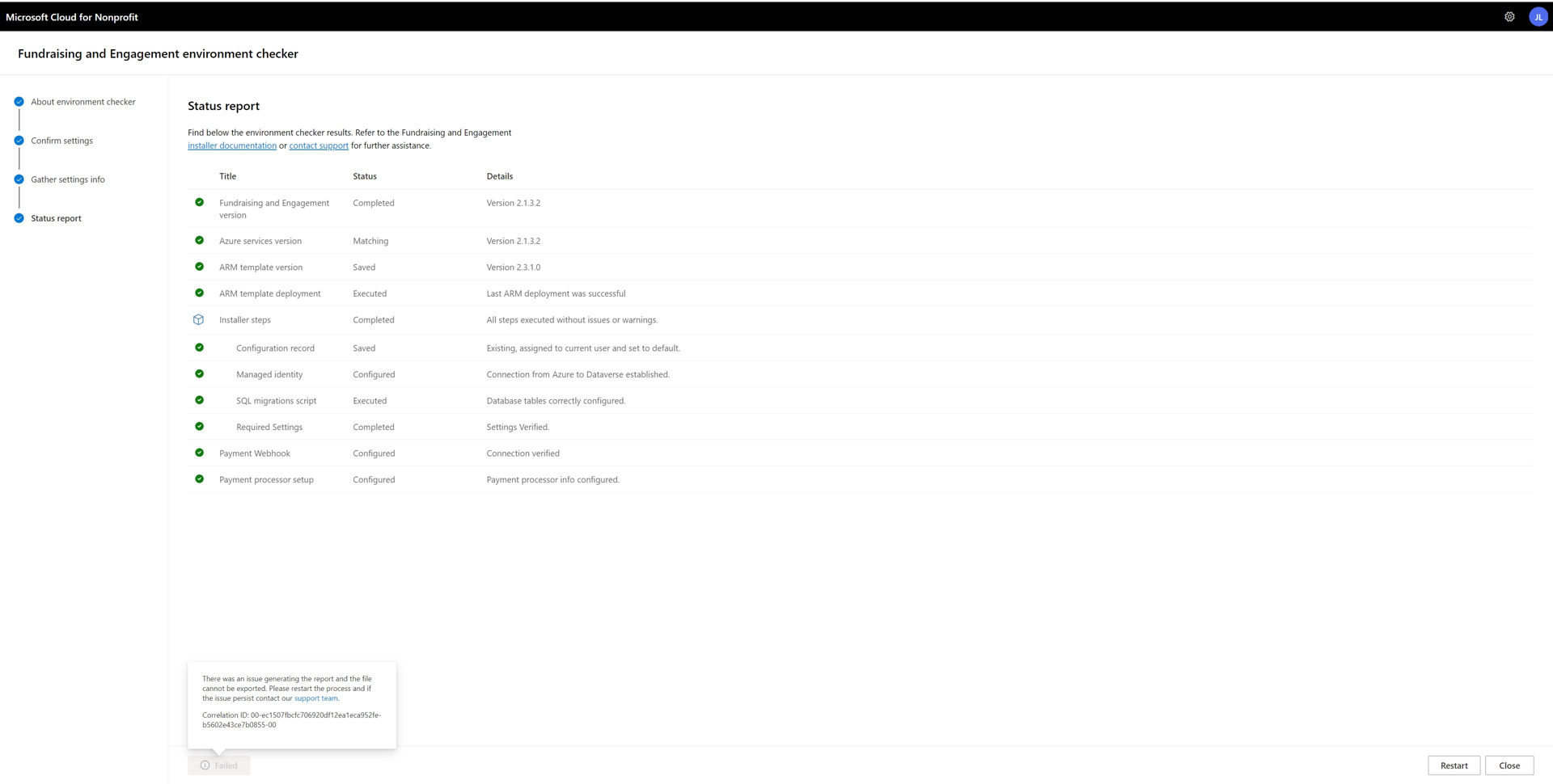 Screen shot showing the error message including the correlation ID code.