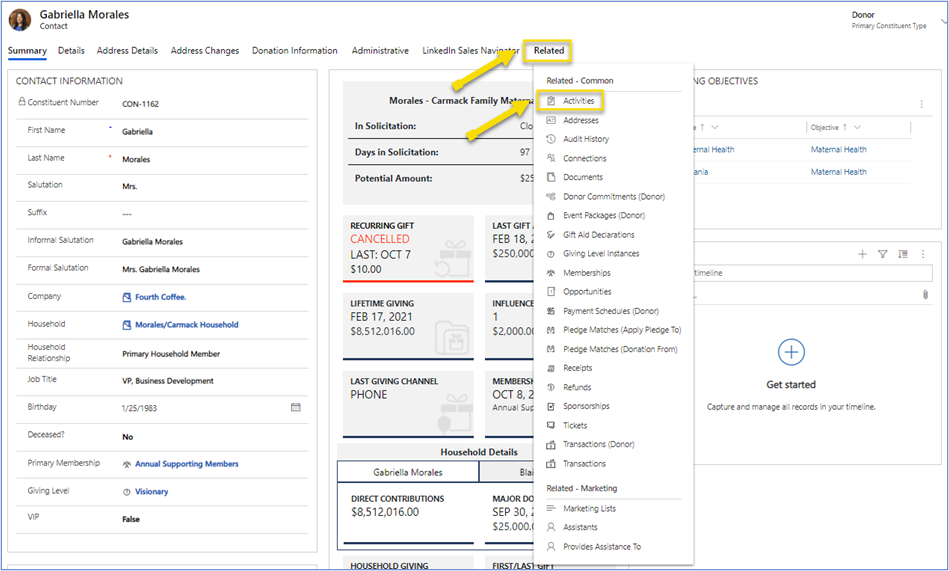 View the Activities tab of a constituent record.