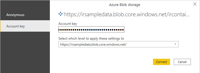 Kopiera koden och klistra in värdet i fältet Åtkomstnyckel på Power BI instrumentpanelen och tryck på Anslut.