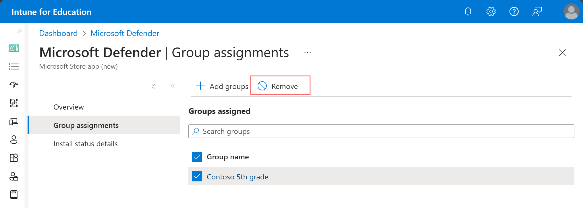 Screenshot of the app's group inventory, highlighting the selected group and the Remove button. 