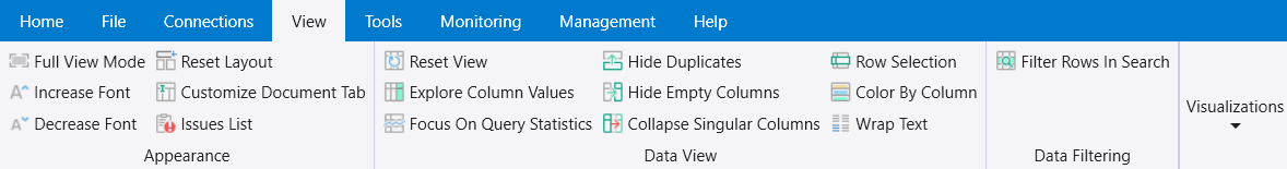 Screenshot of the View tab that shows the View tab's four sections.