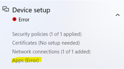 Sidan Status för Autopilot-registrering, Enhetsinstallationsfel för appar.