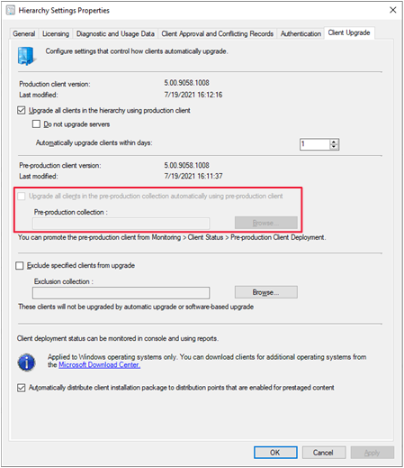 Fönstret Hierarkiinställningar, fliken klientuppgradering och förproduktionssamling markerad.