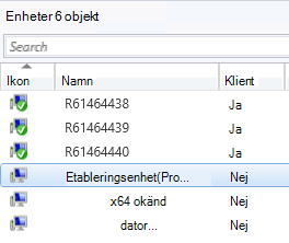 Noden Enheter i Configuration Manager-konsolen sorterad efter kolumnen Ikon.