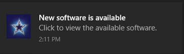 Det finns ett meddelande om att ny programvara är tillgänglig med anpassad logotyp.