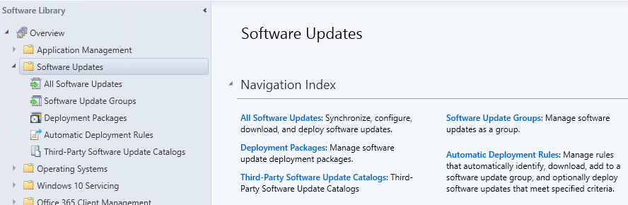 Configuration Manager navigeringsindex för programuppdateringar.