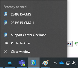 Support Center OneTrace-snabblista från Aktivitetsfältet i Windows med nyligen öppnad lista.