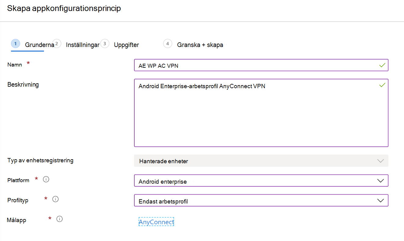 Skapa en appkonfigurationsprincip för att konfigurera VPN eller per app-VPN i Microsoft Intune