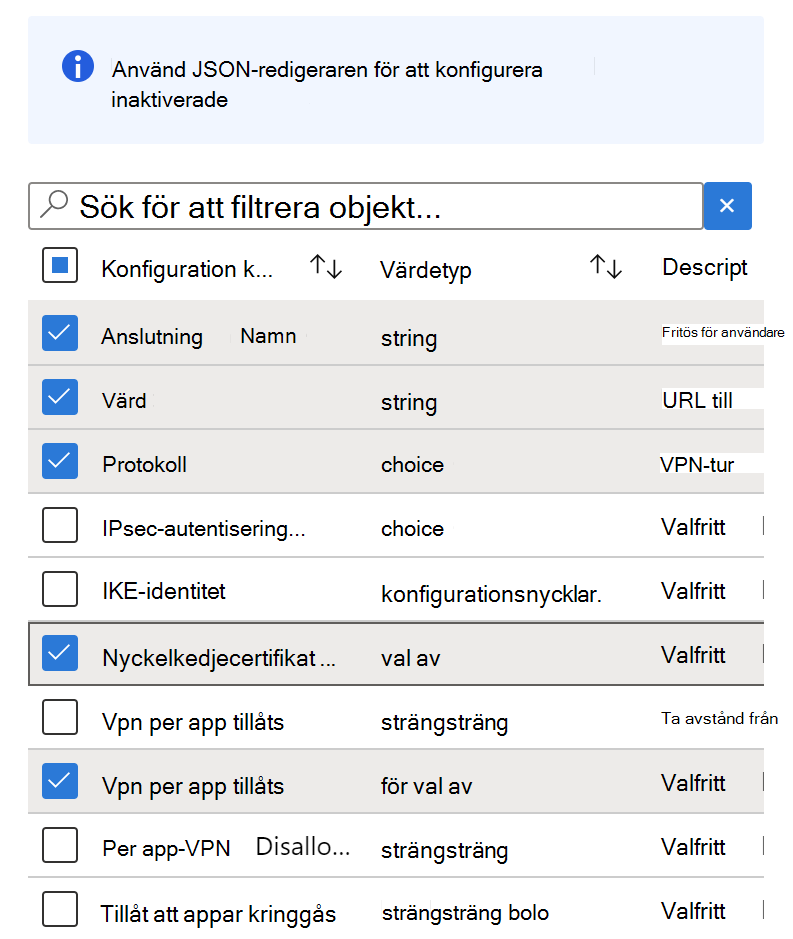 Lägg till konfigurationsnycklar till en konfigurationsprincip för VPN-appar i Microsoft Intune med hjälp av Konfiguration Designer – exempel.