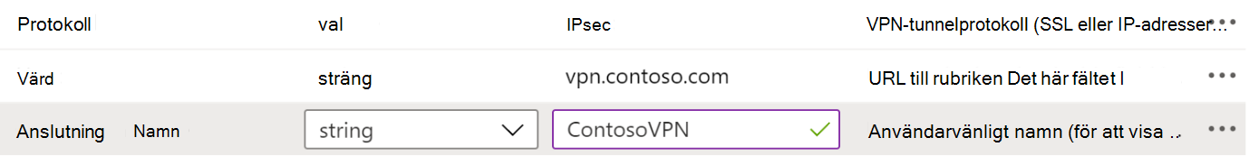 Exempel på protokoll, anslutningsnamn och värdnamn i en konfigurationsprincip för VPN-appar i Microsoft Intune med hjälp av Designer