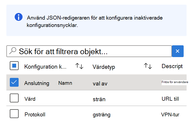 I Configuration Designer väljer du valfri nyckel med en strängvärdetyp i Microsoft Intune konfigurationsprincip för VPN-appen