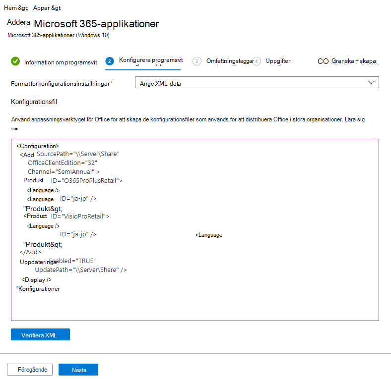 Skärmbild: Lägg till Microsoft 365 – Configuration Designer – XML-exempel.