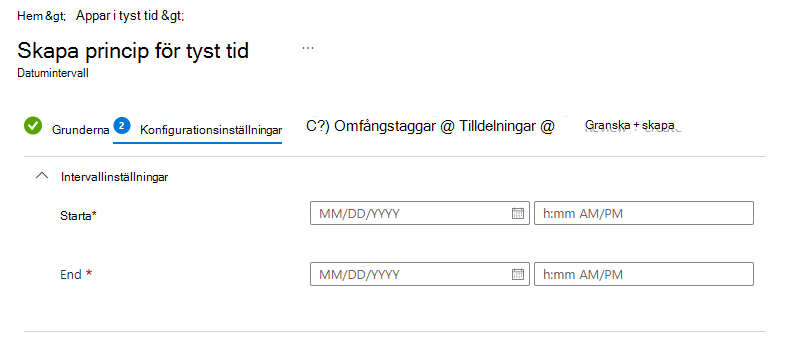 Skärmbild av Microsoft Intune tyst tid – Konfigurera princip för datumintervall