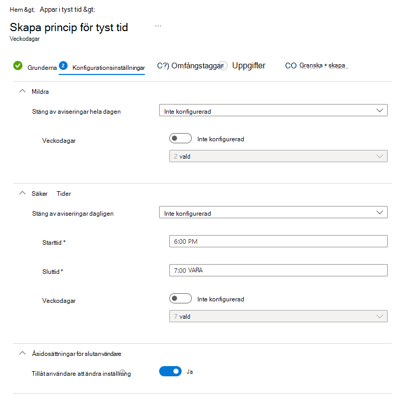 Skärmbild av Microsoft Intune tyst tid – Konfigurera veckodagar