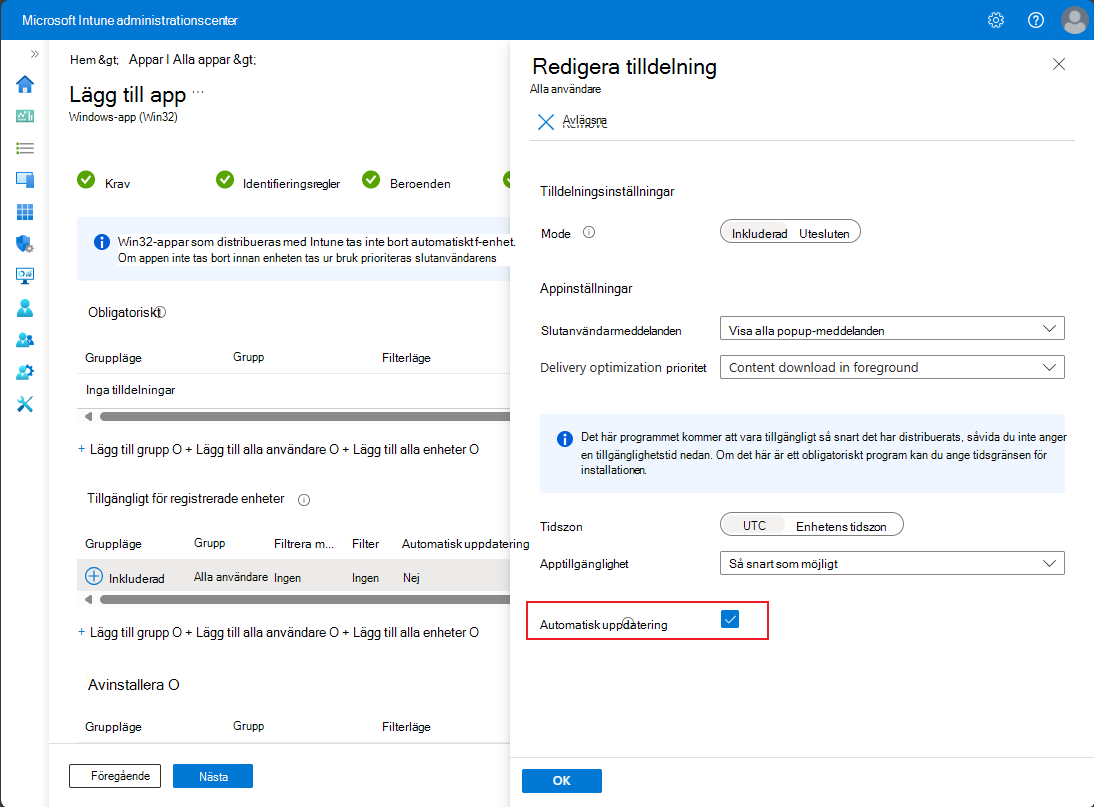 Skärmbild av fönstret Redigera tilldelning när du ställer in automatisk uppdatering