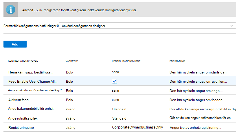 Format för konfigurationsinställningar – Ange JSON-data