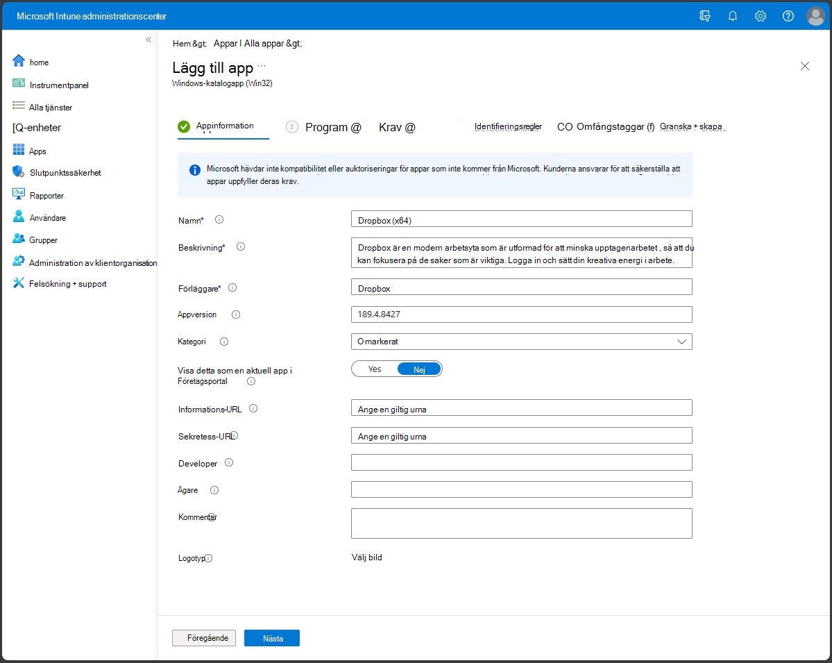 Inkludera appinformation när du lägger till en Katalogapp för företagsprogram