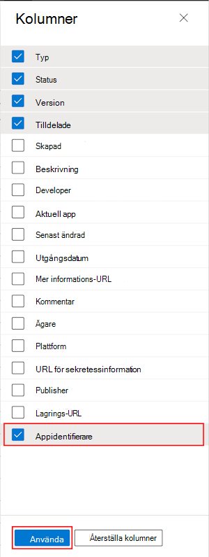 Skärmbild som visar hur du väljer kolumnen Appsamlings-ID i Alla appar i Microsoft Intune och Intune administrationscenter.