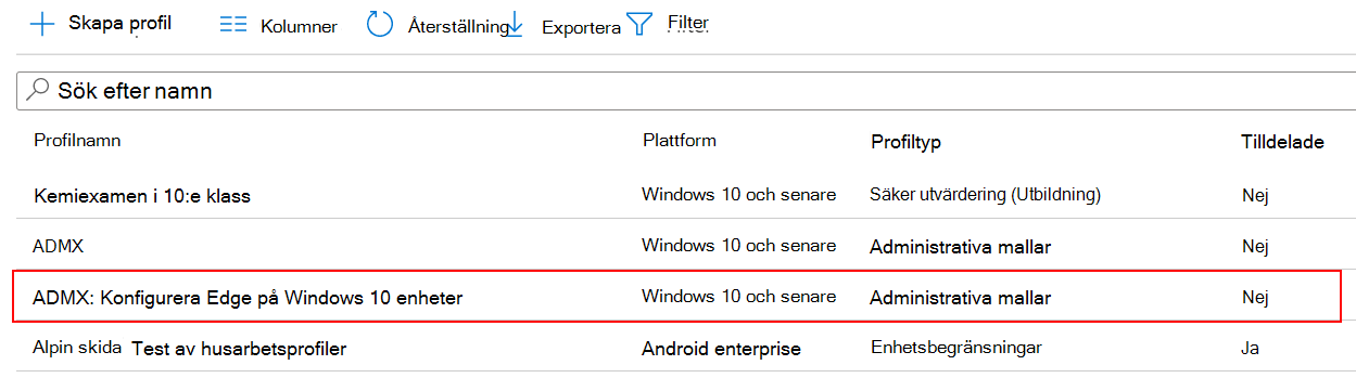 Skärmbild av ADMX-principinställningen visas i listan med enhetskonfigurationsprofiler i Microsoft Intune och Intune administrationscenter.