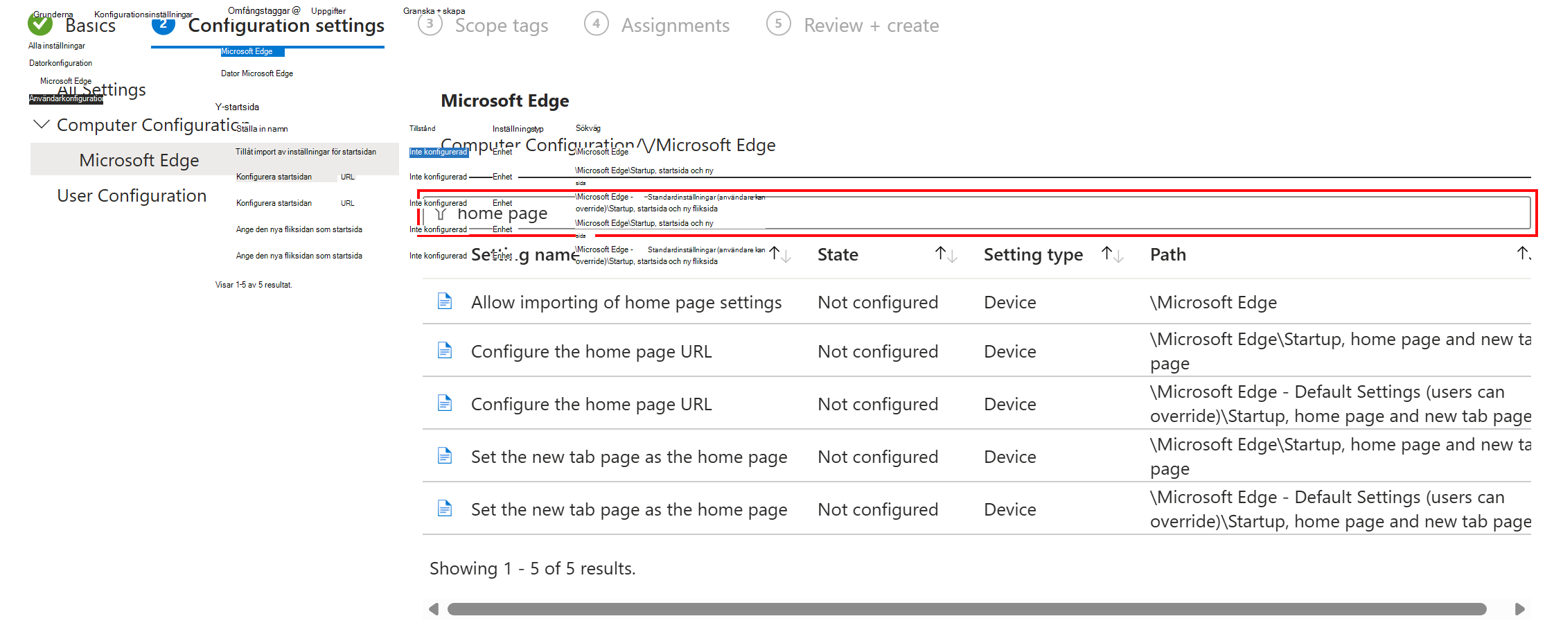 Skärmbild av Använd sökningen för att filtrera ADMX-inställningar i Microsoft Intune och Intune administrationscenter.