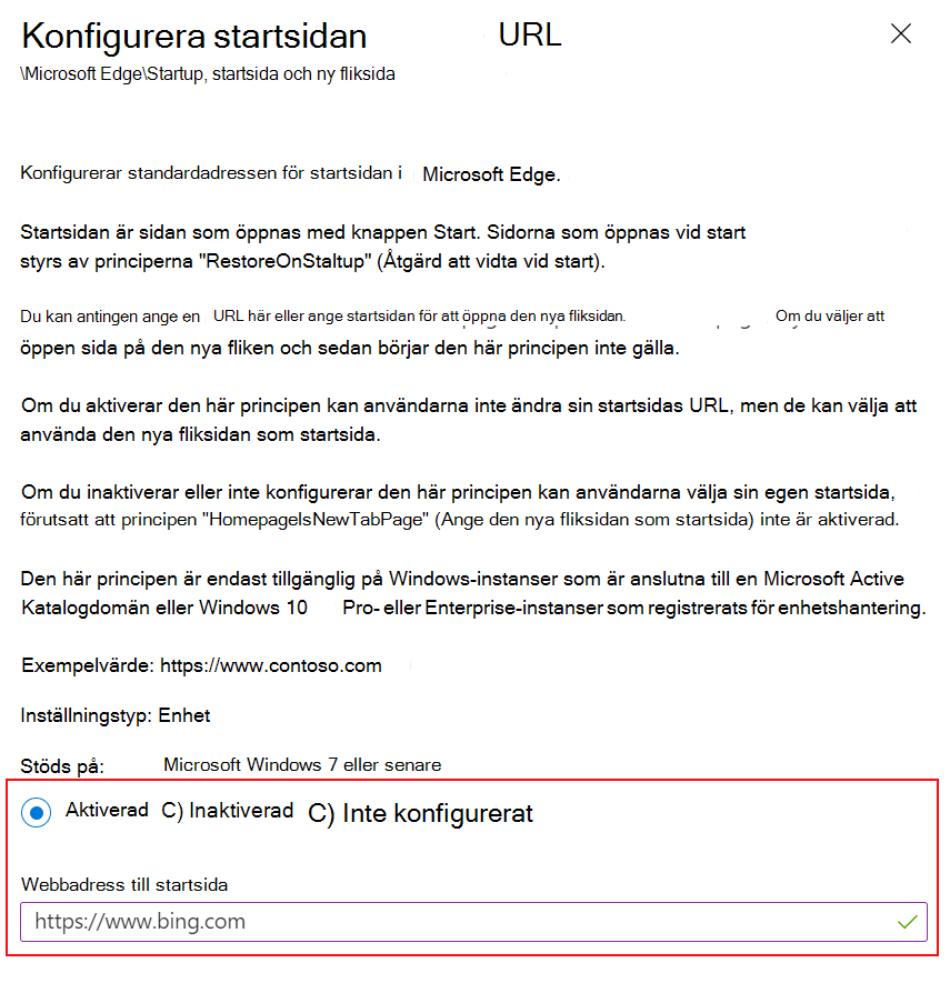 Skärmbild av Ange webbadressen till Microsoft Edge-startsidan till en webbplats med HJÄLP av ADMX-mallar i Microsoft Intune och Intune administrationscenter.