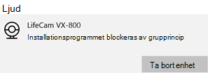 Kameran blockeras av grupprincipmeddelande på en Windows-enhet.