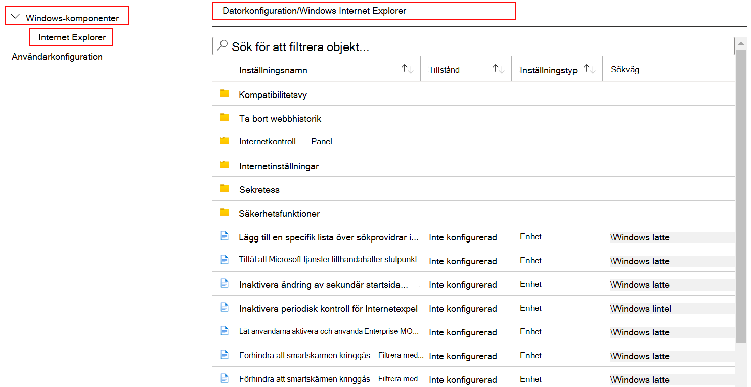 Visa alla enhetsinställningar som gäller för Internet Explorer i Microsoft Intune och Administrationscenter för Intune