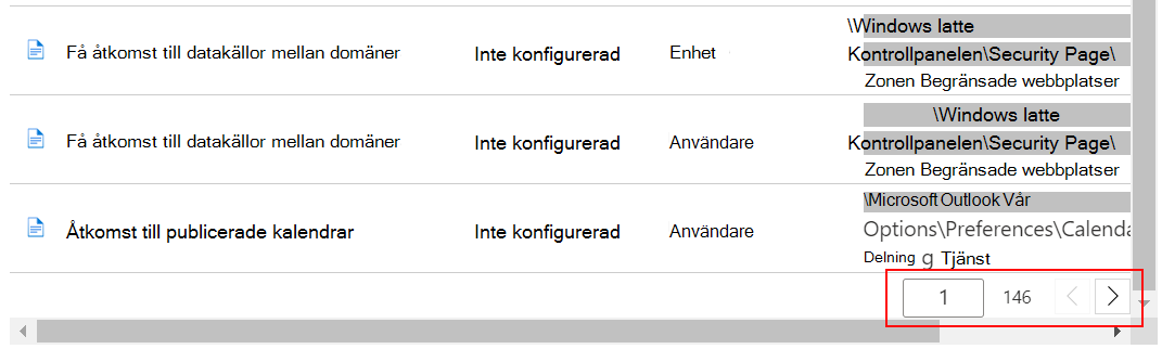 Visa en exempellista med inställningar och använd föregående och nästa knappar i Administrationscenter för Intune och Microsoft Intune.