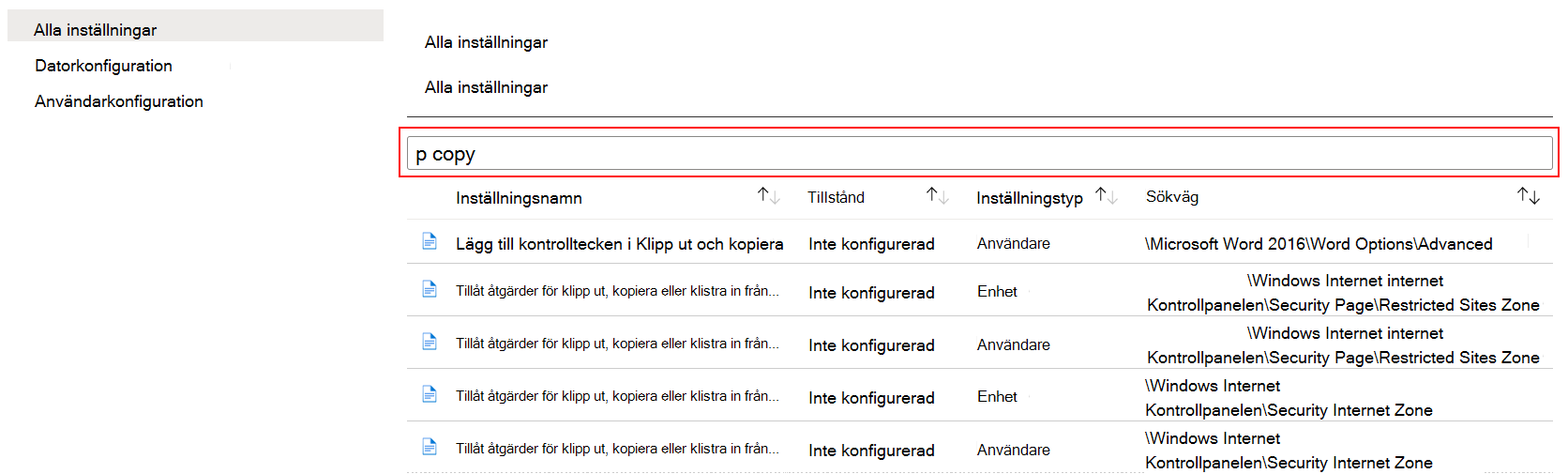Sök efter kopia för att visa alla enhetsinställningar i administrativa mallar i Administrationscenter för Microsoft Intune och Intune.