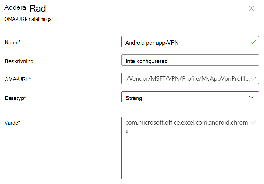 Skärmbild som visar anpassad princip för Android-enhetsadministratör per app-VPN i Microsoft Intune.