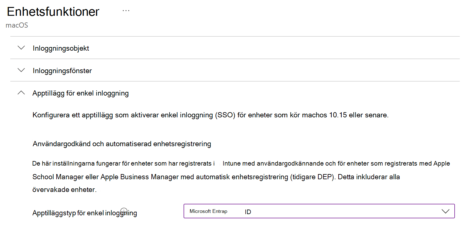 Skärmbild som visar apptilläggstypen för enkel inloggning och Microsoft Entra ID för macOS i Intune